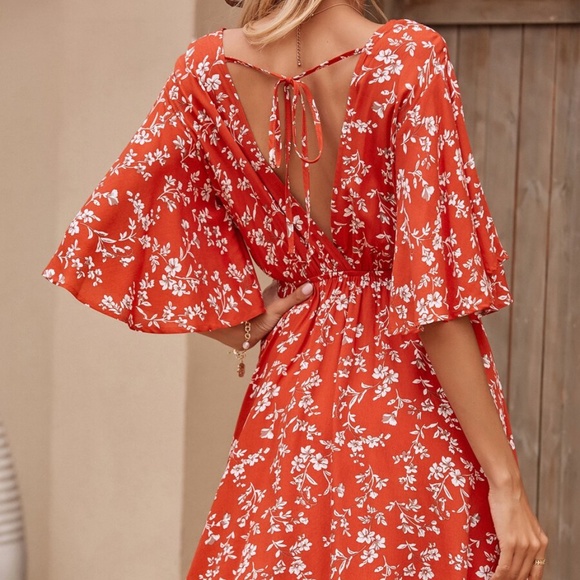 Gypsy Boho Red Surplice Floral Open Back dress - Picture 5 of 5